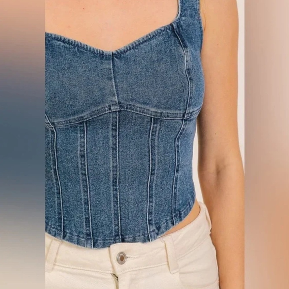 New! Stretchy Denim Sweetheart Corset Top, Festival Western Cowgirl Rodeo Style - Picture 4 of 7